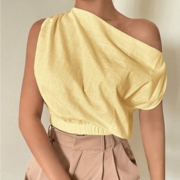 Solid Linen One Shoulder Crop Top - Picture 1 of 3
